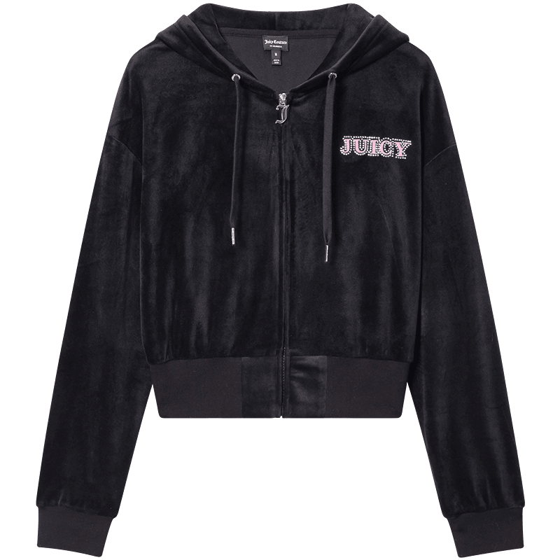 سترة مخمل مرن نسائية Juicy Couture بأحجار لامعة سوداء - رفعة