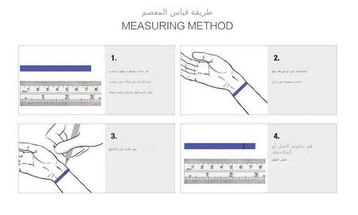 PANDORA classic bracelet sizing guide with illustrated measuring method in Arabic.