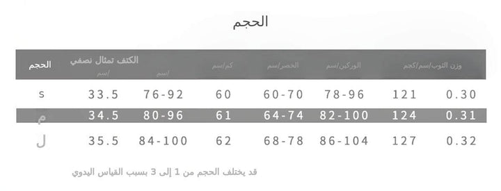 جدول مقاسات فستان أنيق بكم طويل وقصة ضيقة، يتضمن تفاصيل الأكتاف والخصر والأوراك.