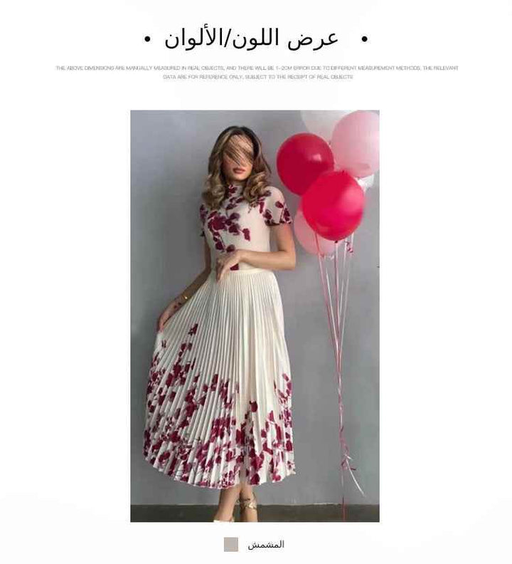 Elegant midi floral pleated dress with short sleeves suitable for special occasions.