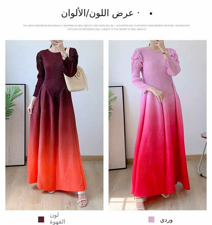 Elegant long-sleeve gradient dress with a flowing design and puffed shoulders in multiple attractive colors.