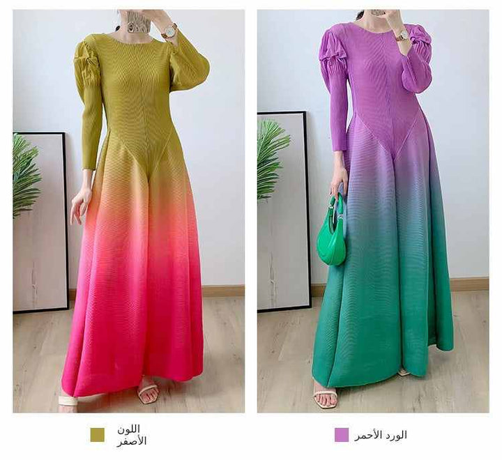 Long floral pleated sleeve dress with ombre colors, flowy silhouette, and puffed shoulders, available in yellow and pink or green and purple.