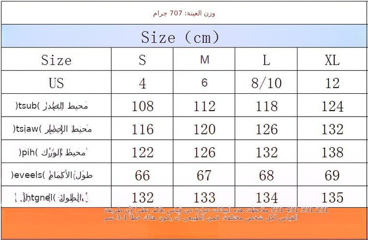 Size chart for luxury black dress with Eastern embroidery and fur accents, suitable for formal occasions.