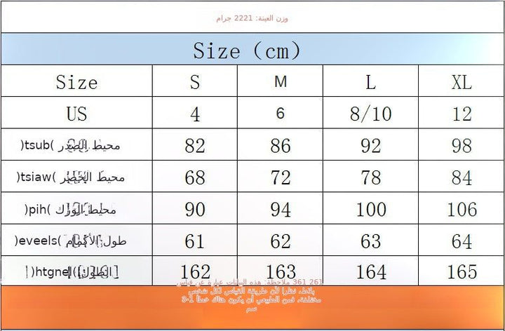 Size chart for a sequined evening dress with cross-border design in sizes S to XL, featuring bust, waist, hip, and sleeve measurements in cm.