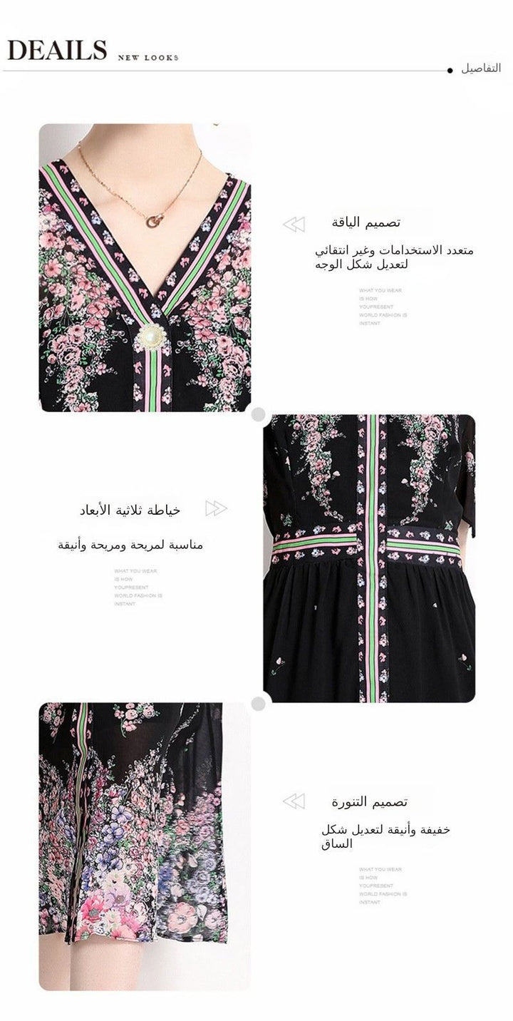 Elegant black chiffon dress with floral prints, V-neck, and puff sleeves, perfect for high-end 2024 summer fashion.