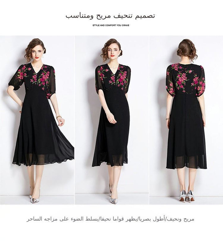 Elegant black chiffon dress with floral print, featuring sheer puff sleeves and a high waist retro slim design.