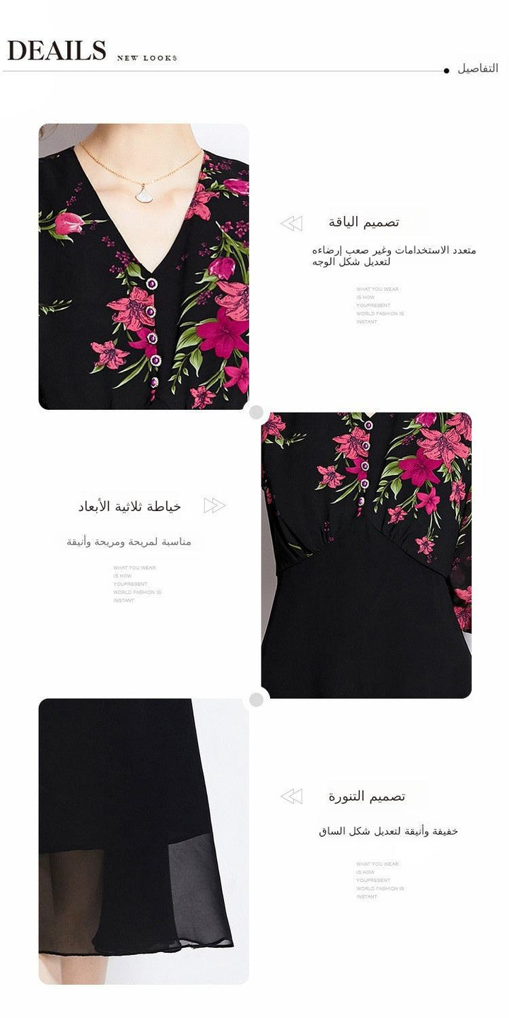 Elegant black chiffon dress with floral pattern, featuring puffed sheer sleeves and high waist design.