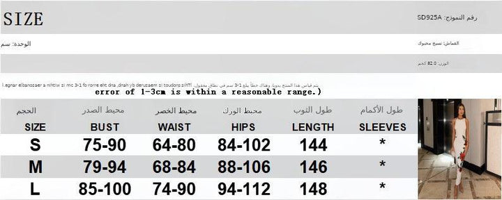 Sleeveless dress size chart with measurements and a model in a floral print dress.