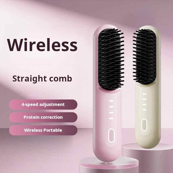 Wireless hair straightening comb with LED display and four-speed adjustment, available in pink and beige.
