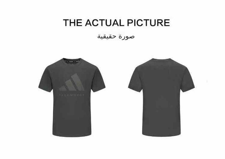 adidas men's crew neck short sleeve T-shirt, gray with logo, front and back view.