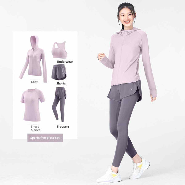 Women's five-piece sports suit by Camel, featuring a high-elastic, breathable design for fitness, running, and yoga.