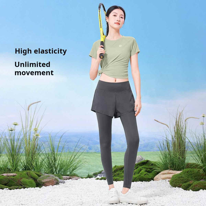 Women's sports leggings with shorts, high elasticity, flexible movement, outdoor wear.