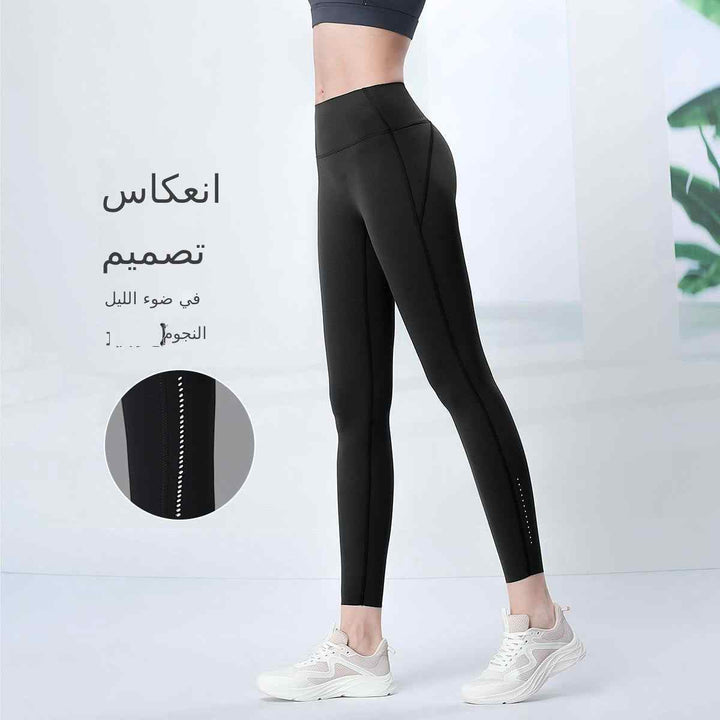 High waist belly tuck yoga pants for women, side view, black, designed for cycling, skinny fit, breathable fabric.