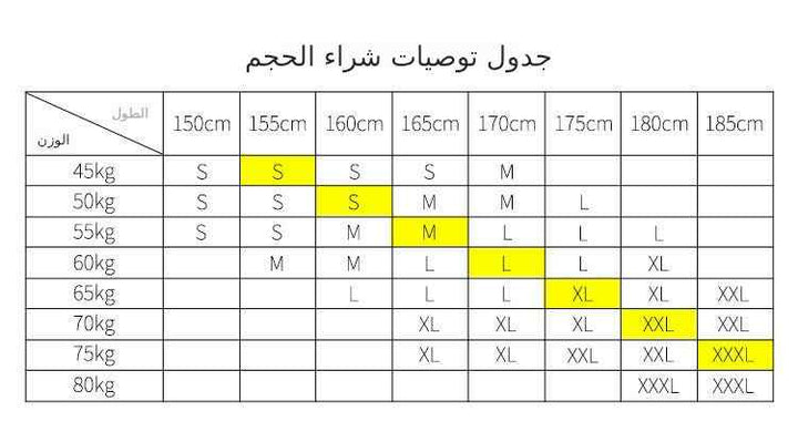 "Size chart for women's high waist belly tuck yoga pants in Arabic, with sizes highlighted based on weight and height."