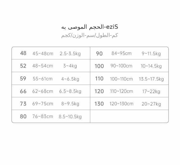 Size chart for baby onesies featuring measurements in centimeters and weight in kilograms.