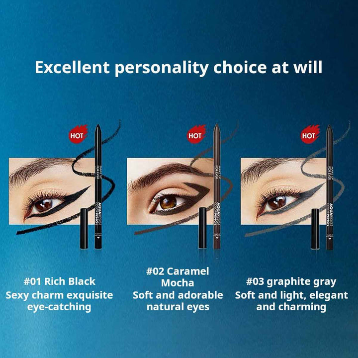 Waterproof eyeliner pencil in rich black, caramel mocha, and graphite gray shades.