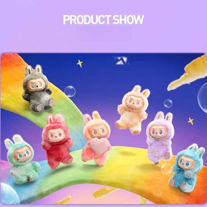 Labubu الأرنب الفخم من Pop Mart إصدار Heart Macaron بألوان متنوعة على خلفية ملونة.