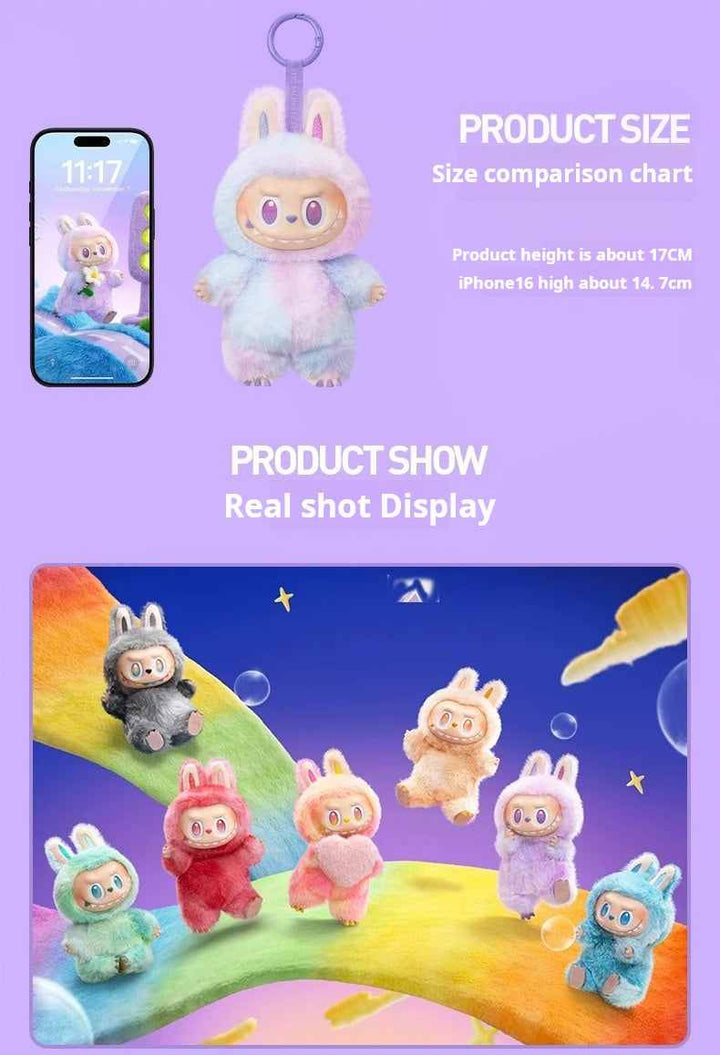 Colorful POPMART Labubu plush dolls with rabbit costumes and diverse expressions, featuring a size comparison to an iPhone.
