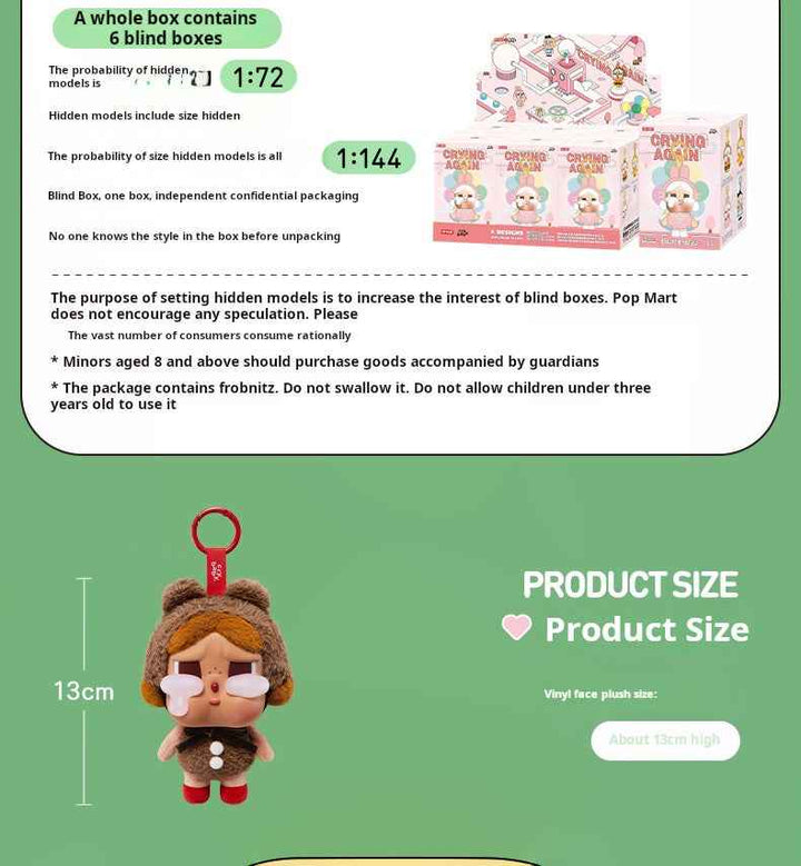 POP MART Crybaby Blind Box Series display with plush toy design, showcasing size and contents information.