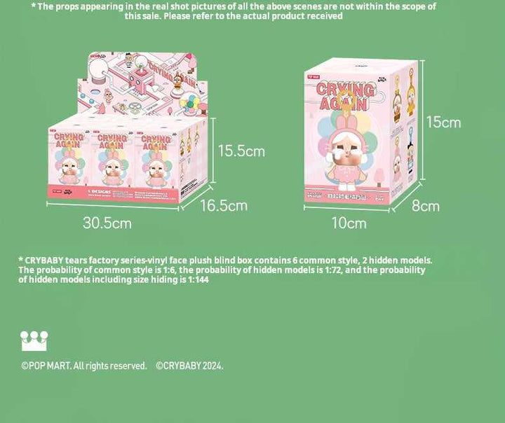 POP MART Crybaby series blind box packaging dimensions and design illustration on a green background.