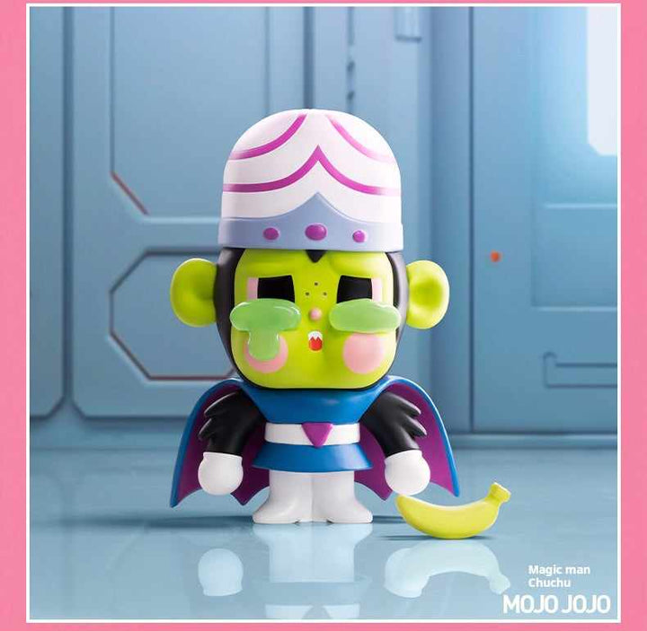 تمثال مصغر لشخصية موجو جوجو من مجموعة POP MART Crybaby باتحاد مع فتيات القوة، تصميم كرتوني فريد بغطاء رأس وقناع.