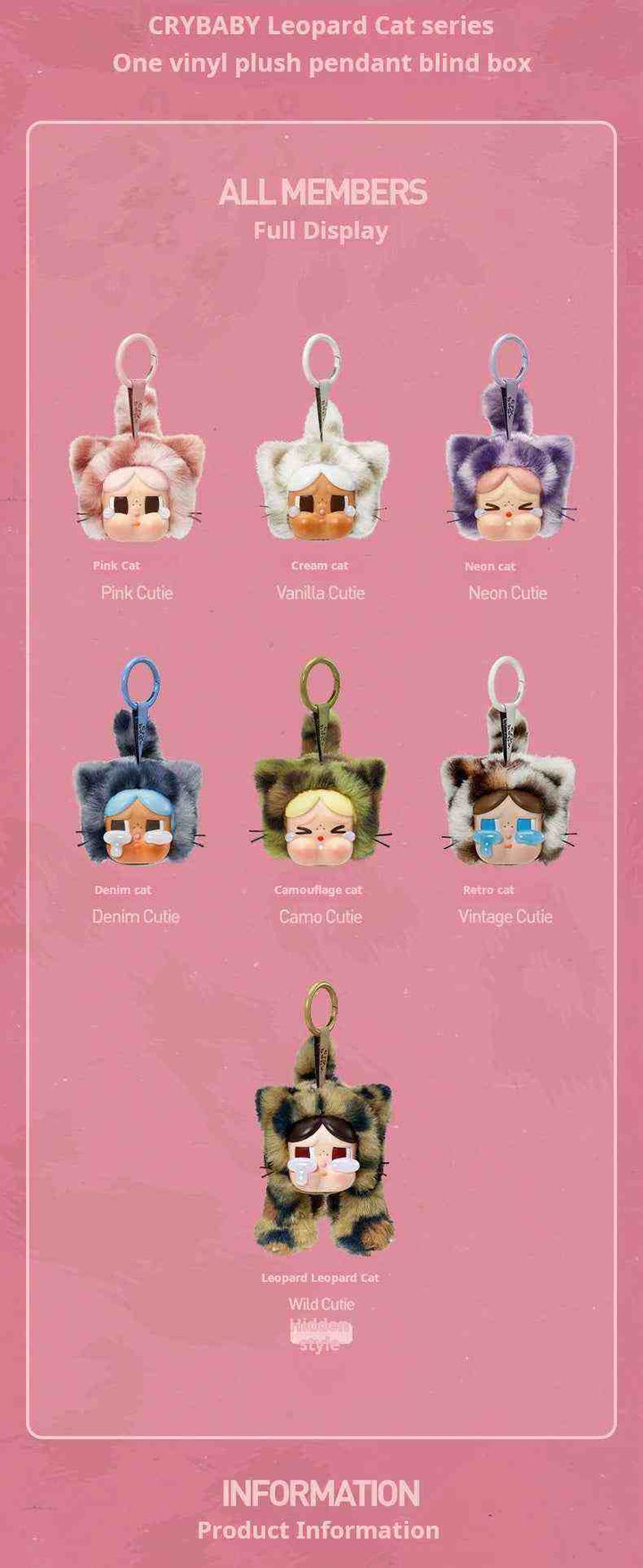 POP MART Crybaby Leopard Cat Series vinyl plush pendants display.