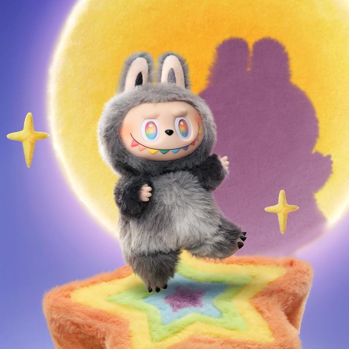 Pop Mart THE MONSTERS Front High Energy plush toy in bunny costume with colorful vinyl face, set against a starry backdrop.