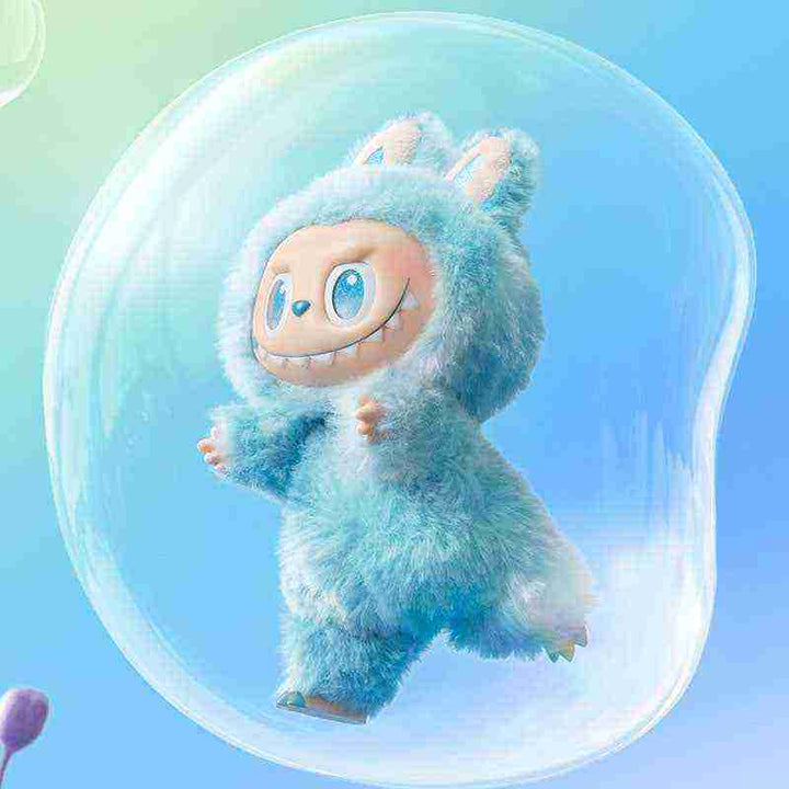 Pop Mart THE MONSTERS plush in blue bunny suit with cheerful vinyl face, Front High Energy Series.