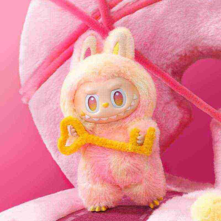 Pop Mart THE MONSTERS Front High Energy plush toy in colorful bunny costume.