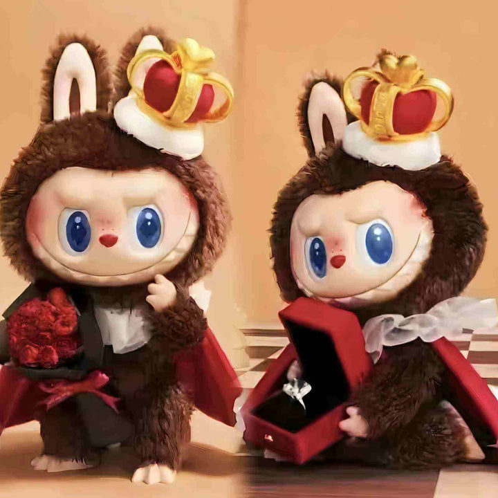 Pop Mart THE MONSTERS - I FOUND YOU Vinyl Face Doll in brown rabbit costume with crown, holding a red rose and gift box.
