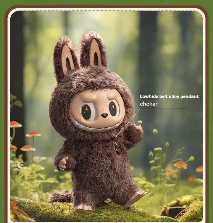 Pop Mart THE MONSTERS - I FOUND YOU vinyl face doll in a brown bunny outfit with forest background.