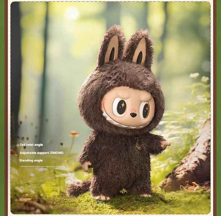 Pop Mart THE MONSTERS vinyl face doll in brown rabbit costume with detailed features in forest setting.