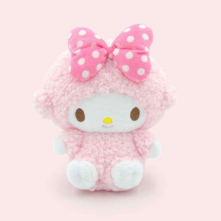 Cute My Sweet Piano plush toy with a pink fluffy design and polka dot bow, perfect as a bag charm or gift.