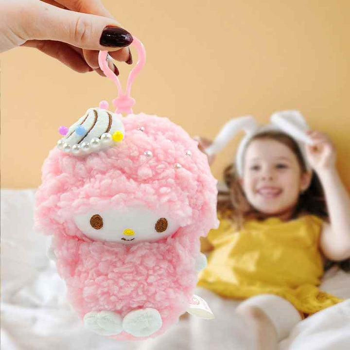 Cute My Sweet Piano plush keychain from Sanrio, pink and fluffy, perfect for bags or gifts.