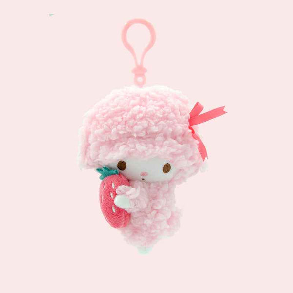 Cute My Sweet Piano plush keychain by Sanrio, featuring soft pink furry fabric, strawberry design, and convenient bag clip.