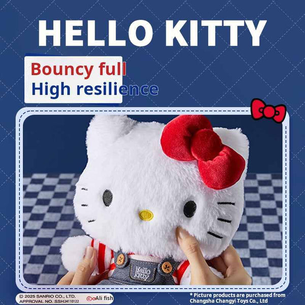 Hello Kitty plush doll in a denim dress with red bow, featuring high resilience MINISOand soft fabric.