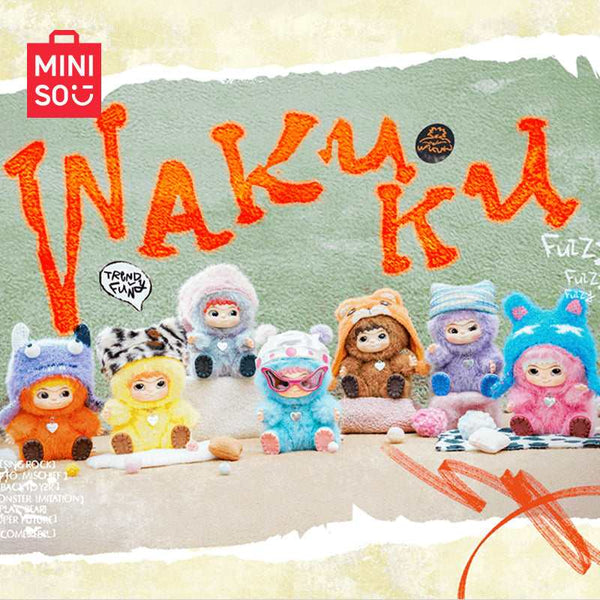MINISO دمى مفاجآت WAKUKU الغامضة مجموعة Fuzzy Trendy Fun Party بألوان وتصاميم مرحة وفريدة.