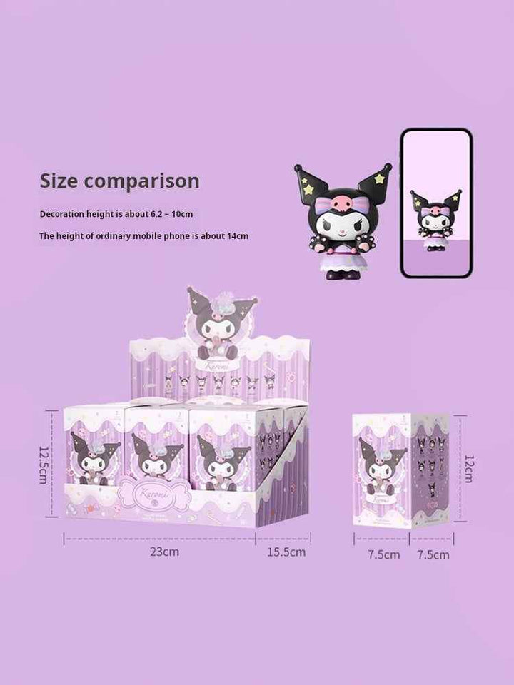 MINISO Kuromi Trick-or-Treat blind box size comparison with packaging.