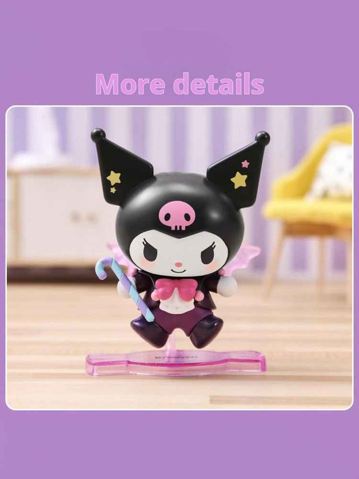MINISO Kuromi Trick-or-Treat blind box figurine with candy cane wand on a wooden surface.