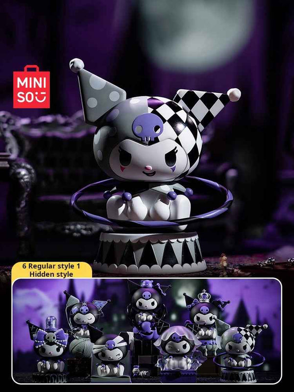 MINISO Kuromi Dark Night Story blind box figurine with mysterious jester outfit and dark gothic theme.
