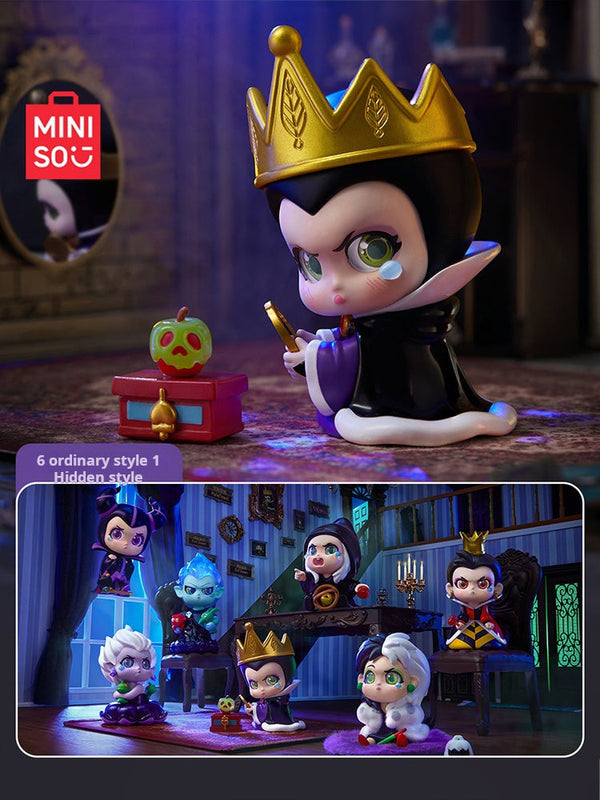 Disney Villains Blind Box by MINISO featuring collectible figures of iconic villains like Evil Queen and Cruella in a high-quality artistic design.