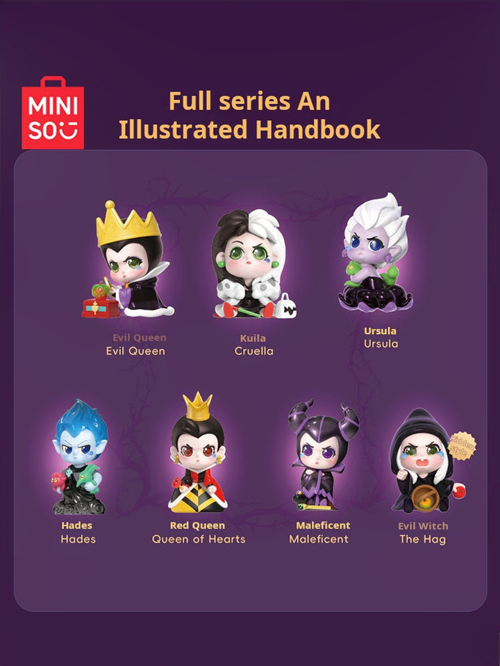 MINISO Disney Villains Blind Box featuring collectible figurines including Evil Queen, Cruella, Ursula, Hades, Queen of Hearts, Maleficent, and hidden style Evil Witch.