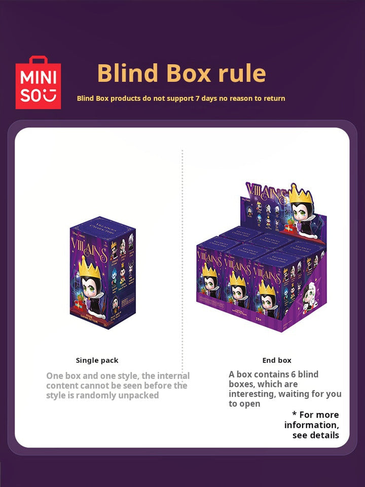 MINISO Disney Villains blind box set featuring collectible figures in a display.