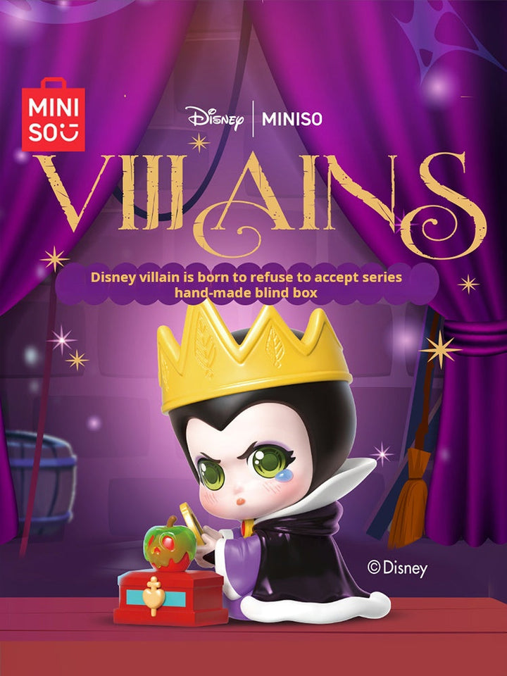 MINISO Disney Villains Blind Box featuring Evil Queen figure in purple backdrop.