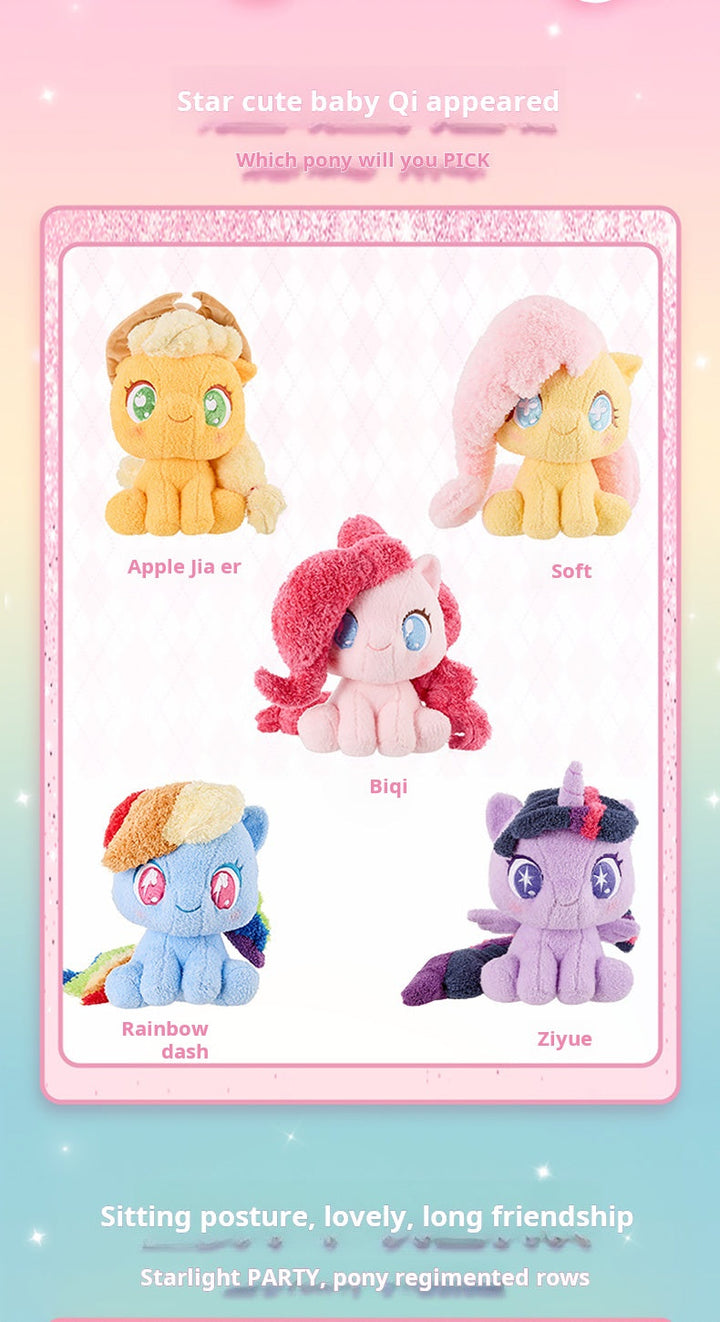 My Little Pony plush dolls in cute sitting poses, featuring vibrant colors and unique hair details.
