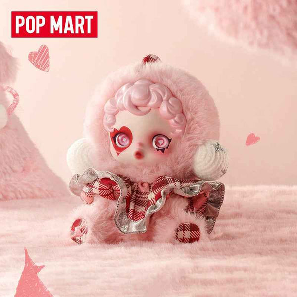 POPMART SKULLPANDA Winter Movement plush figurine with pink and white winter-themed design.
