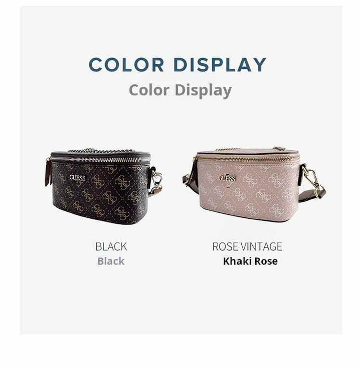 Comparison of GUESS makeup bags in black classic logo pattern and rose vintage khaki rose shade with detachable straps.