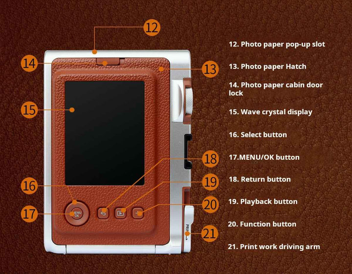 FUJIFILM Instax Mini Evo digital camera back view showcasing buttons, display, and photo paper slot.