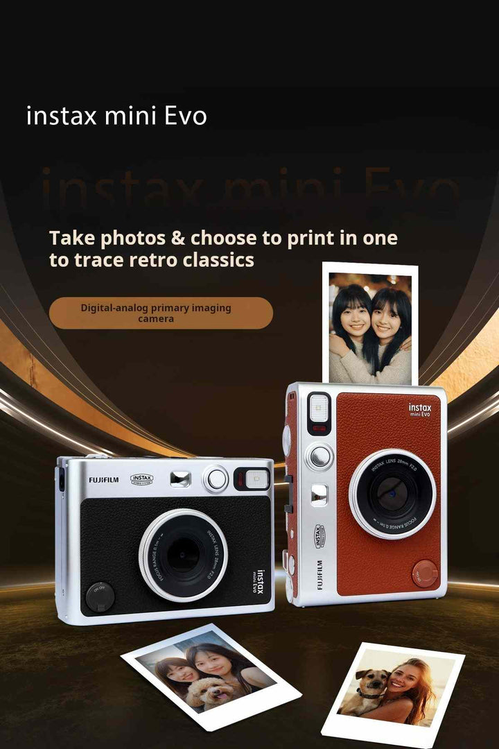 FUJIFILM Instax Mini Evo digital instant camera with retro design and dual color options.