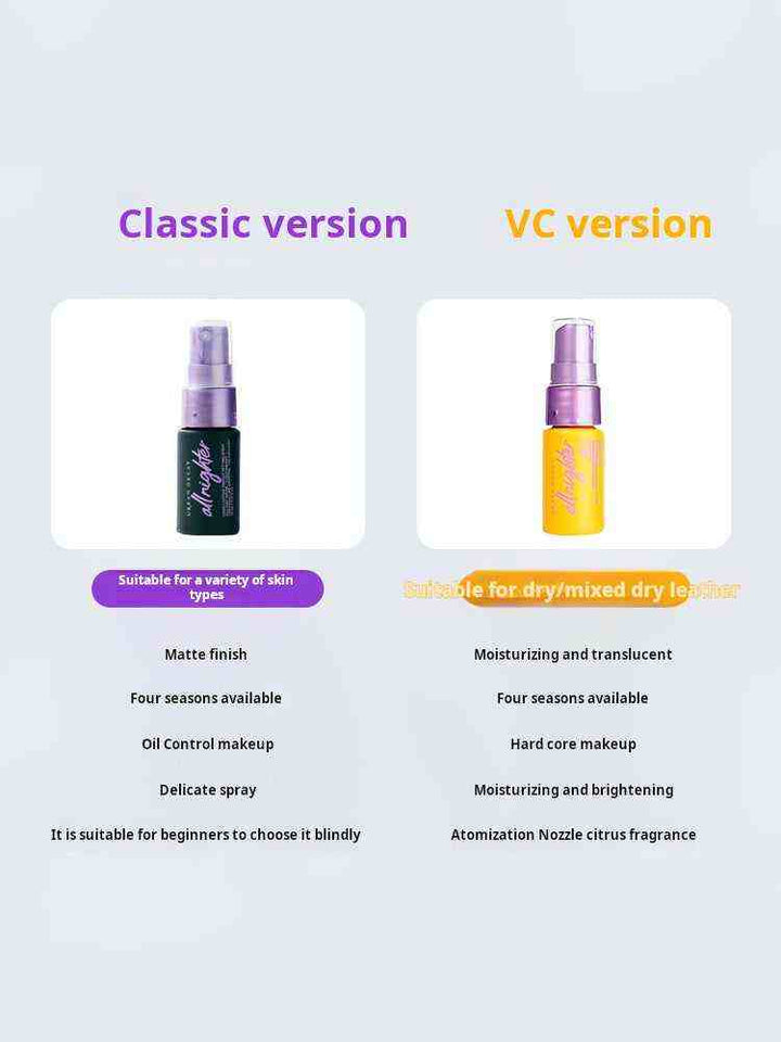 Urban Decay All Nighter Setting Spray bottles in classic and VC versions, suitable for various skin types with moisturizing and oil control features.